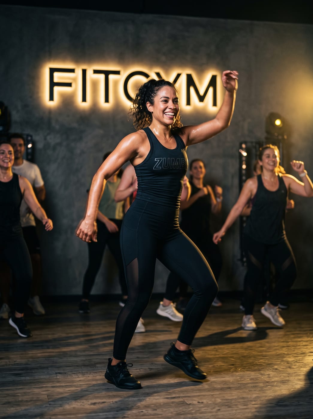 A striking, dynamic image of a Zumba class in a dark, premium fitness studio. The scene features highly focused individuals mid-workout, highlighted by dramatic directional lighting that emphasizes sweat and movement. The color palette revolves around intense blacks, deep grays, and sharp flashes of primary gold, capturing a premium, high-energy environment.